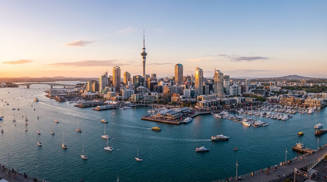 Panoramic aerial photograph of Auckland skyline and Waitemata harbour at sunset